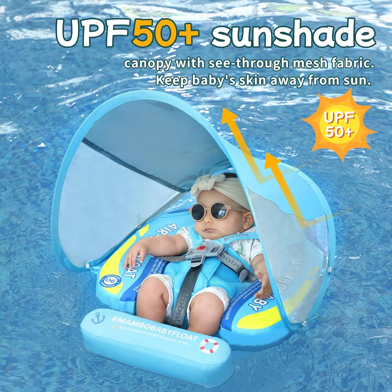 Mambobaby Float with Canopy Size Improved Non Inflatable Infant Pool Float Smart Mambo Float Swim Trainer Add Tail Baby Swim Float Mambo Baby Float Solid Air Free Water Waist Swimming Ring