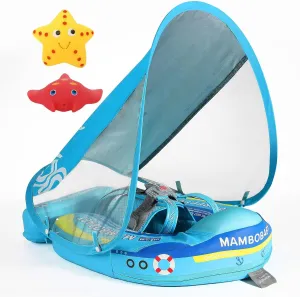 Mambobaby Float with Canopy Size Improved Non Inflatable Infant Pool Float Smart Mambo Float Swim Trainer Add Tail Baby Swim Float Mambo Baby Float Solid Air Free Water Waist Swimming Ring
