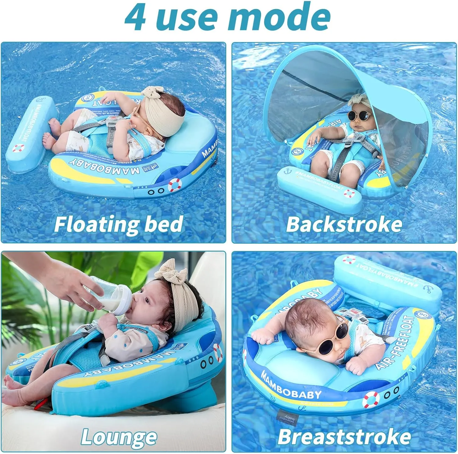 Mambobaby Float with Canopy Size Improved Non Inflatable Infant Pool Float Smart Mambo Float Swim Trainer Add Tail Baby Swim Float Mambo Baby Float Solid Air Free Water Waist Swimming Ring