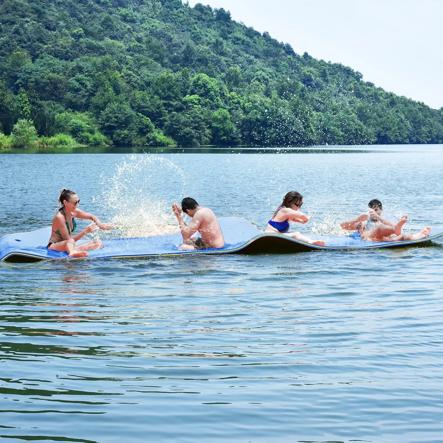 MAT Expert Floating Water Mat, 12'x6'x 1.5" Tear-Resistant 3-Layer XPE Foam Pad, Floating Island w/Bungee Tether & Straps, Giant Lake Floats, Ideal for Pool/Lake/Sea, Bear 880lbs for 4-6 Adults