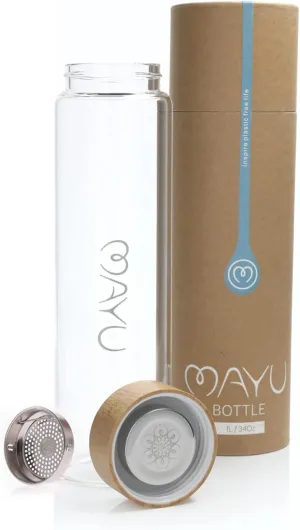mayu Water Bottle with Bamboo Lid, Eco Friendly & BPA Free, Plastic Free Borosilicate Glass Bottle - Zero Leak Design - for Outdoor Picnic, Everyday Use and Non-Toxic Hydration | 1L, 34OZ