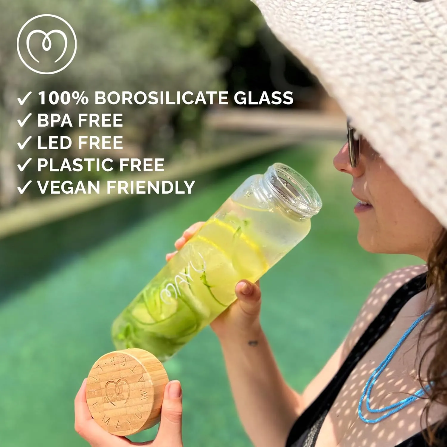 mayu Water Bottle with Bamboo Lid, Eco Friendly & BPA Free, Plastic Free Borosilicate Glass Bottle - Zero Leak Design - for Outdoor Picnic, Everyday Use and Non-Toxic Hydration | 1L, 34OZ