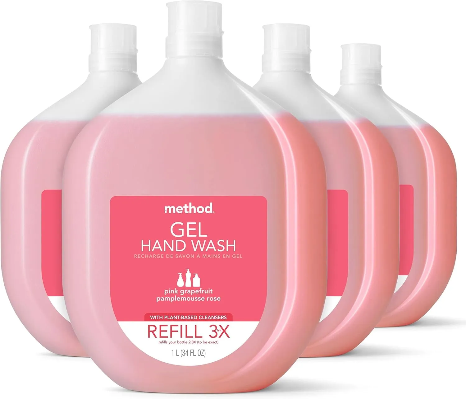 Method Gel Hand Soap Refill, Pink Grapefruit, Recyclable Bottle, 34 oz, 4 pack