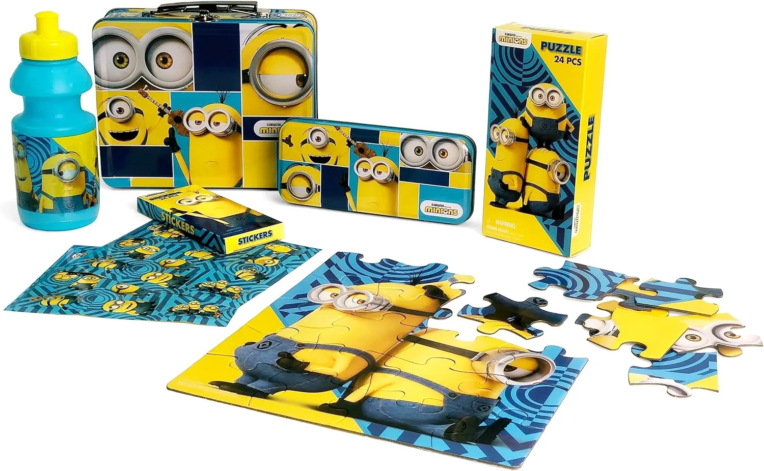Minions Gift Set - Minions Lunch Tin Box, water bottle, puzzle, stickers, and Pencil Case.