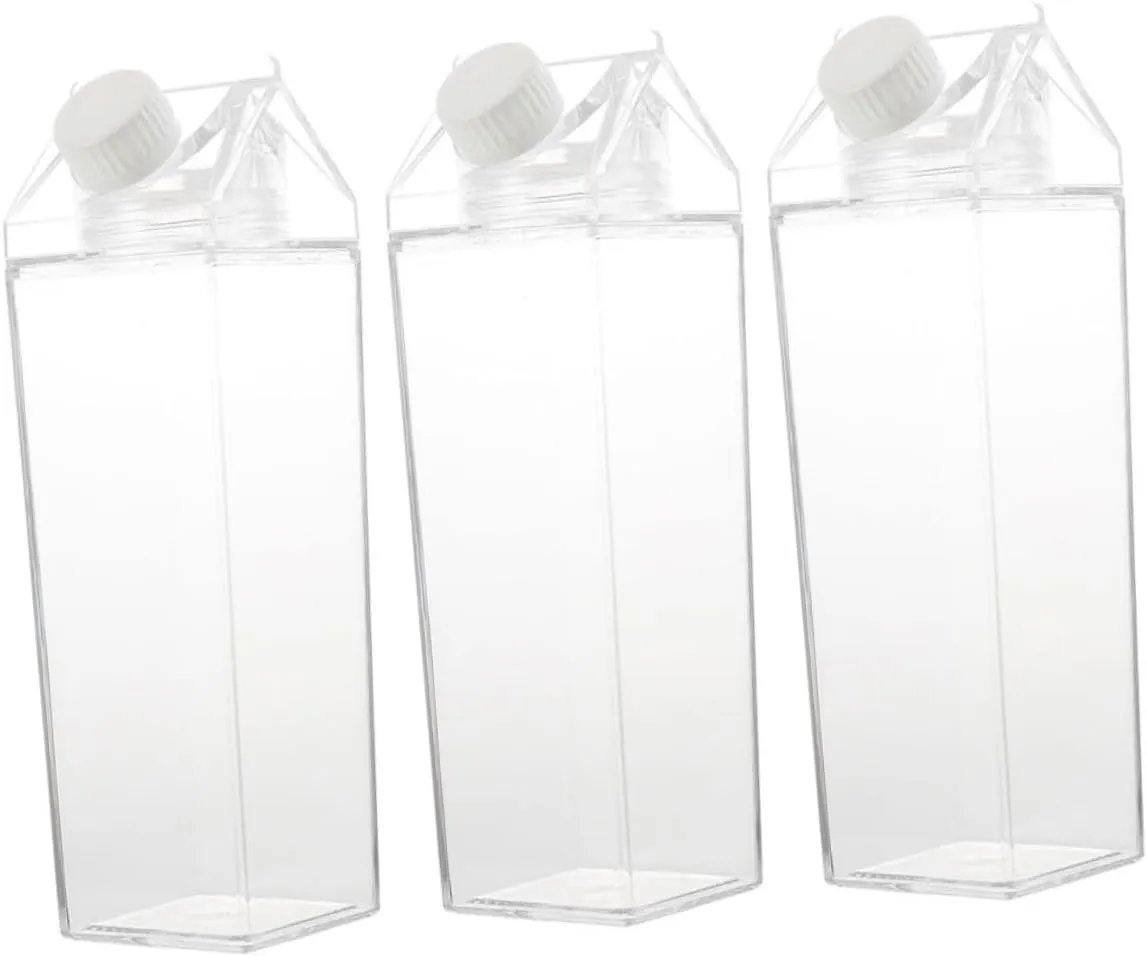 Mobestech 3Pcs Transparent Milk Bottle Adorable Carton Milk Container Leak Water Bottle for Outdoor Activities for Travel Sports and Picnics
