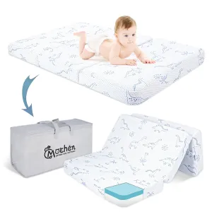 Mochen Trifold Pack and Play Mattress 38x26 Dual-Sided High Density Memory Foam Pack n Play Mattresses Pad with Removable Dinosaurs Cover & Carry Bag, Portable Travel Baby Mattress for Playpen