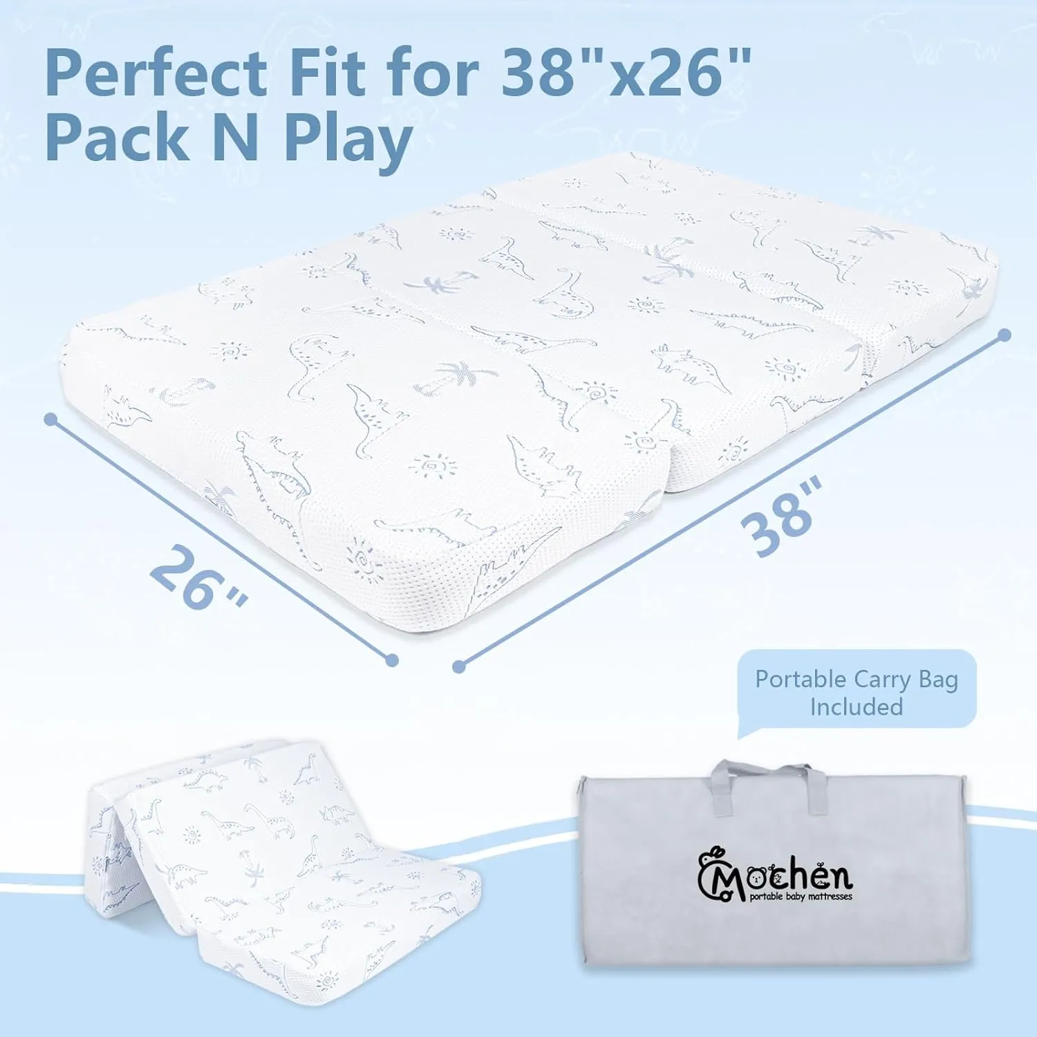 Mochen Trifold Pack and Play Mattress 38x26 Dual-Sided High Density Memory Foam Pack n Play Mattresses Pad with Removable Dinosaurs Cover & Carry Bag, Portable Travel Baby Mattress for Playpen