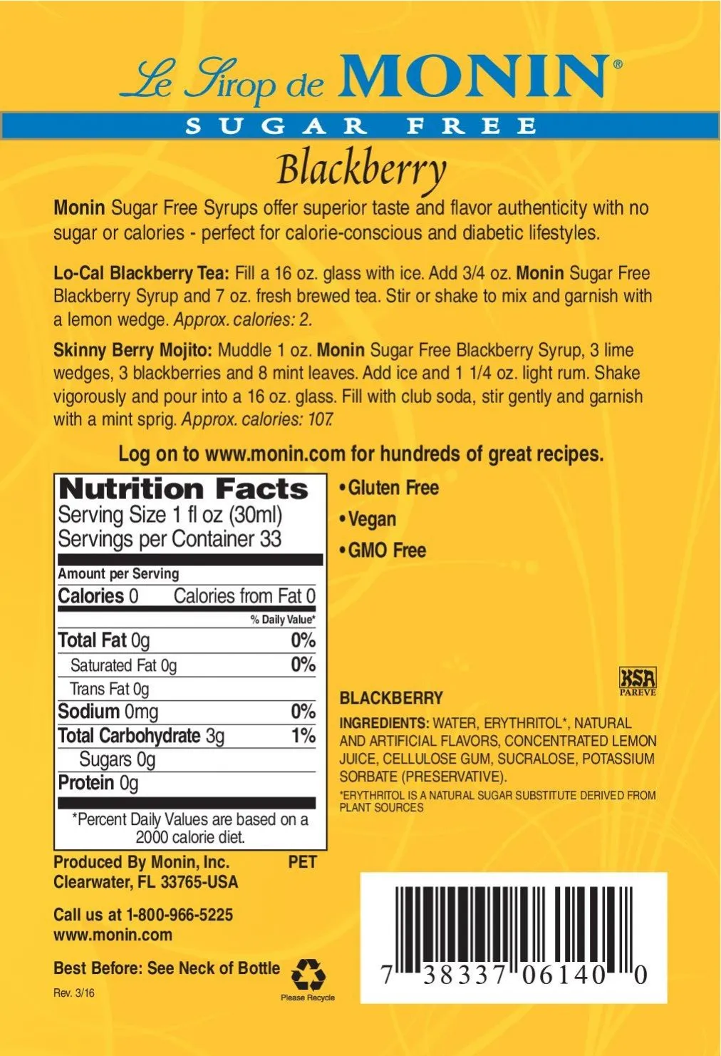 Monin Sugar-Free Blackberry Syrup Plastic Bottle, 1 Liter (33.8 fl oz)