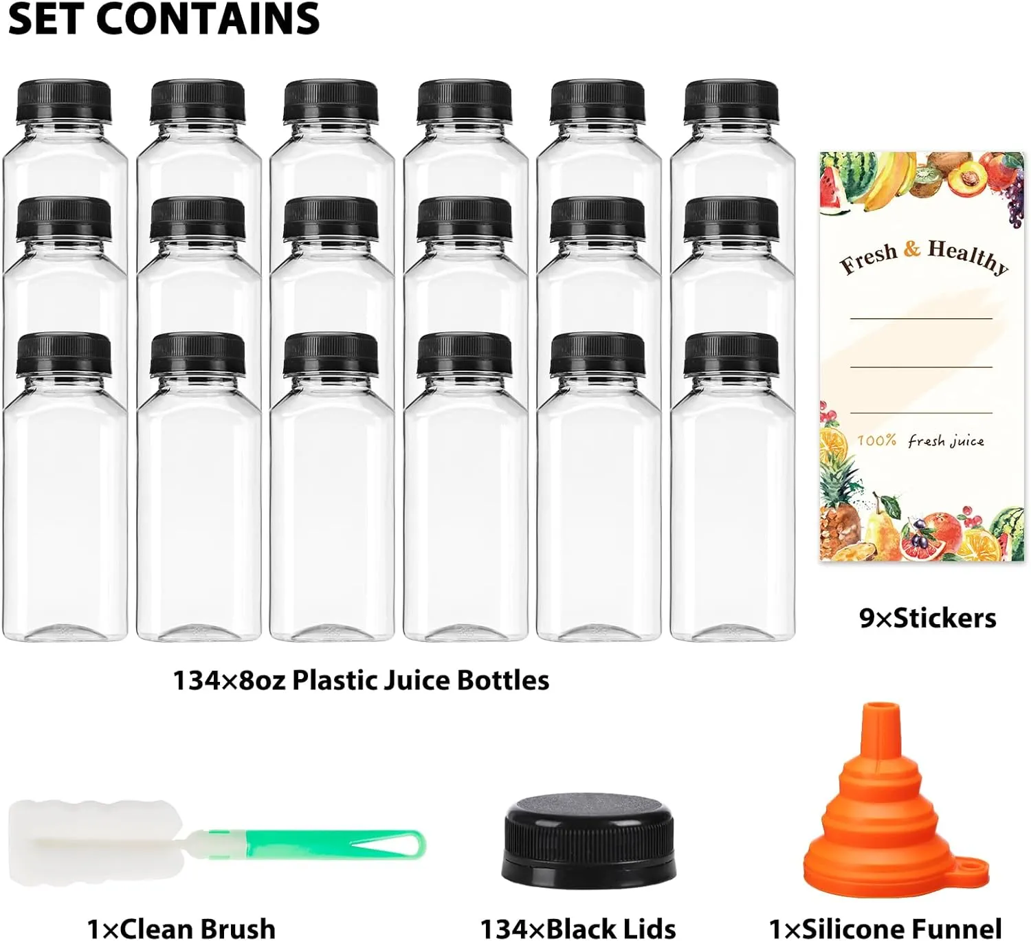 Moretoes 50pcs 8oz Juice Bottles, Plastic Bottles with Caps, Bulk Clear Beverage Containers for Juicing Drinking Milkshake Tea and Other Beverages
