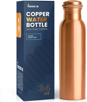 Moscow-Mix Pure Copper Water Bottle for Drinking 34 oz Large - Ayurvedic 100% Lab Tested Pure Copper Drinking Water Bottle, Leak Proof Lid - Handcrafted Copper Vessel