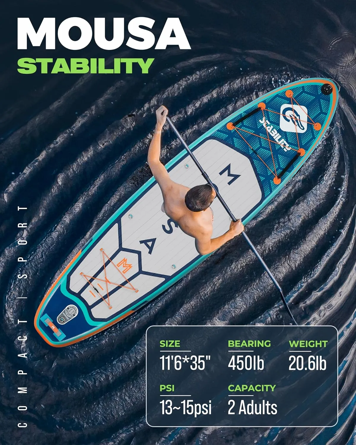 MOUSA 11'6“x35 Extra Wide Inflatable Stand Up Paddle Board, Stable Long SUP for 2 People/Family, Shoulder Strap, 3/5 Handles, 100L Backpack, All-Round Sup Board, Removeable Fin