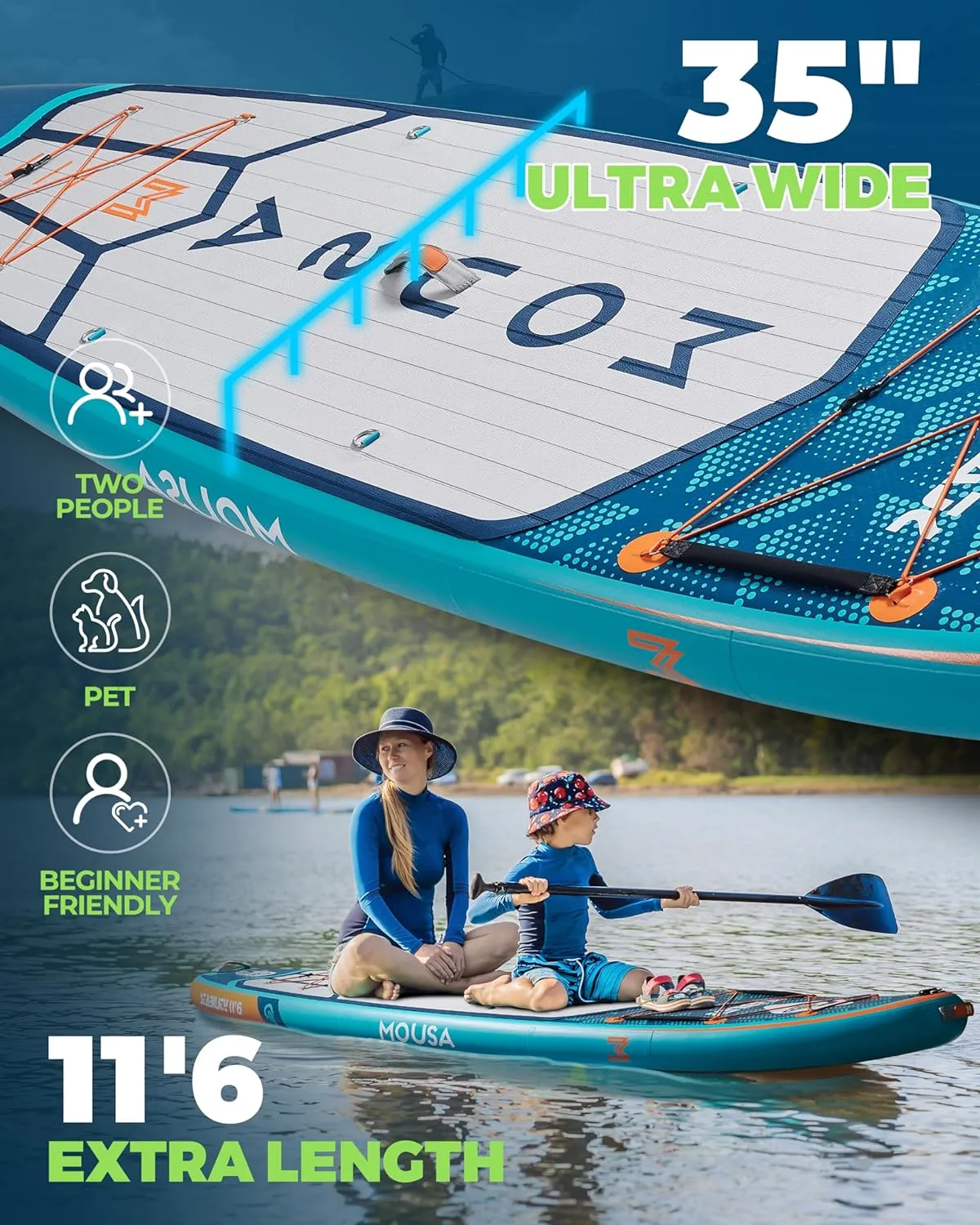 MOUSA 11'6“x35 Extra Wide Inflatable Stand Up Paddle Board, Stable Long SUP for 2 People/Family, Shoulder Strap, 3/5 Handles, 100L Backpack, All-Round Sup Board, Removeable Fin