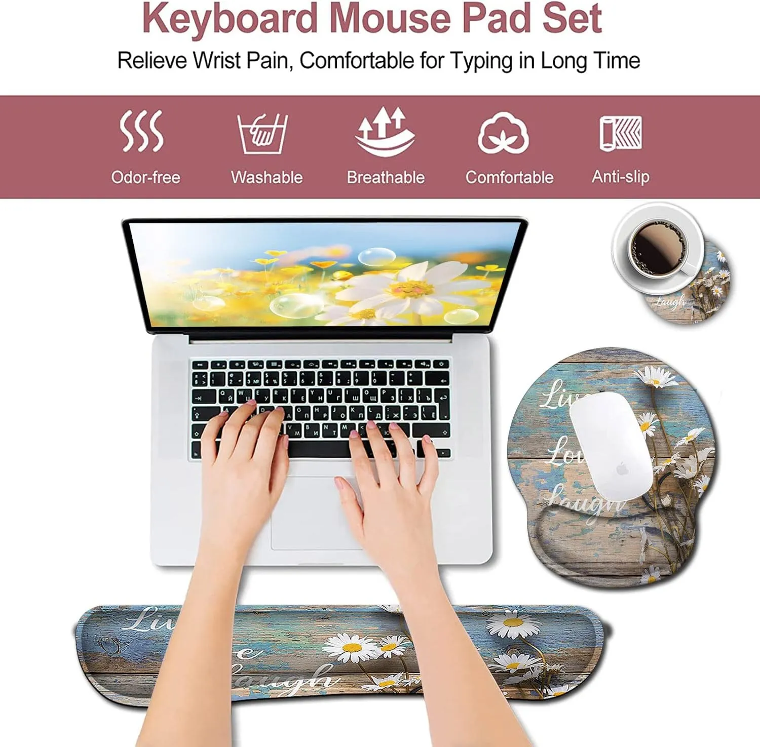 Mouse Pad for Women, Ergonomic Gel Mouse Pad, Keyboard Wrist Rest Relieves Fatigue, White Daisy Flowers on Wooden, Non-Slip and Durable, Memory Foam Keyboard Wrist Rest, for Office Typing