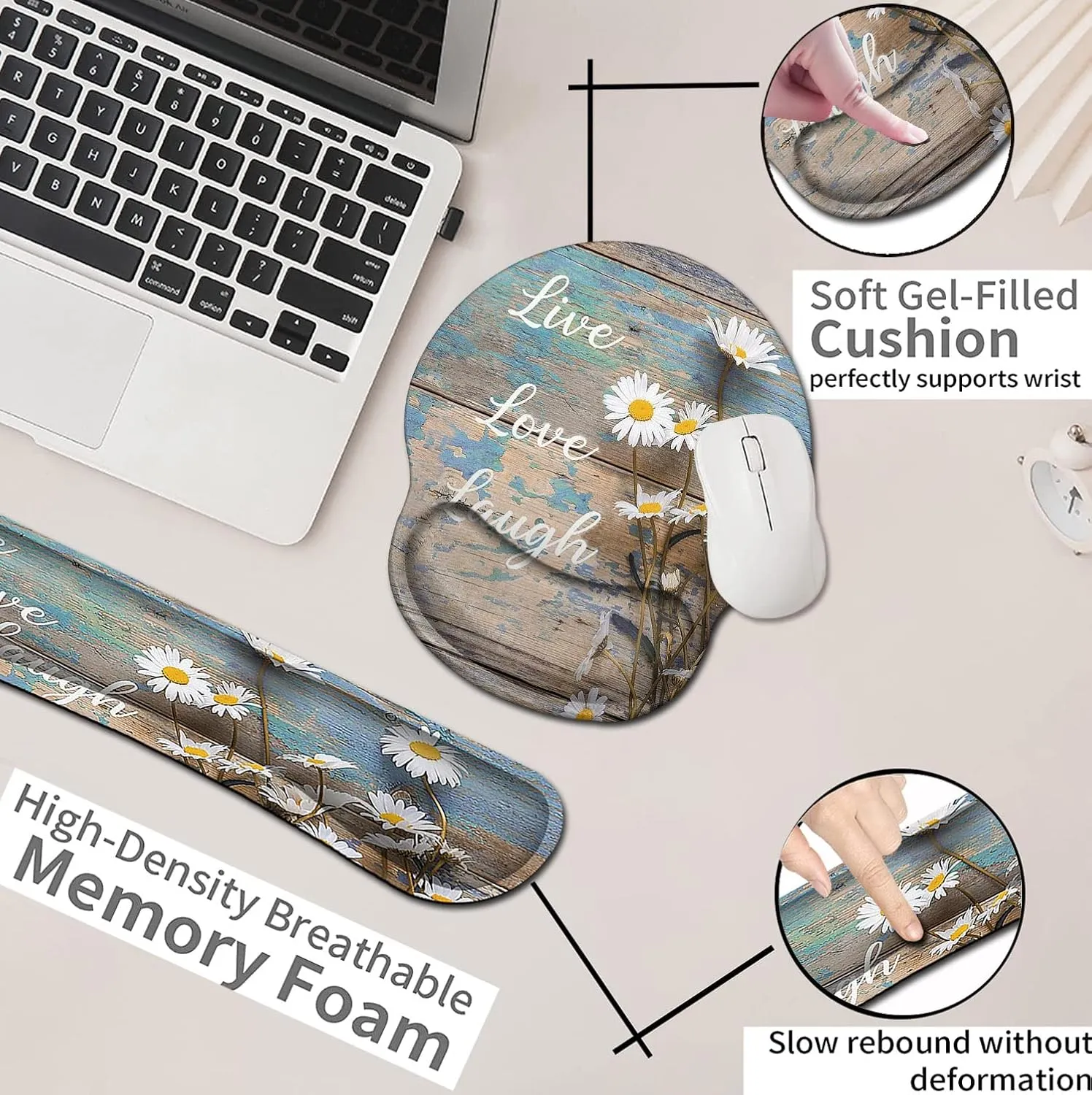 Mouse Pad for Women, Ergonomic Gel Mouse Pad, Keyboard Wrist Rest Relieves Fatigue, White Daisy Flowers on Wooden, Non-Slip and Durable, Memory Foam Keyboard Wrist Rest, for Office Typing
