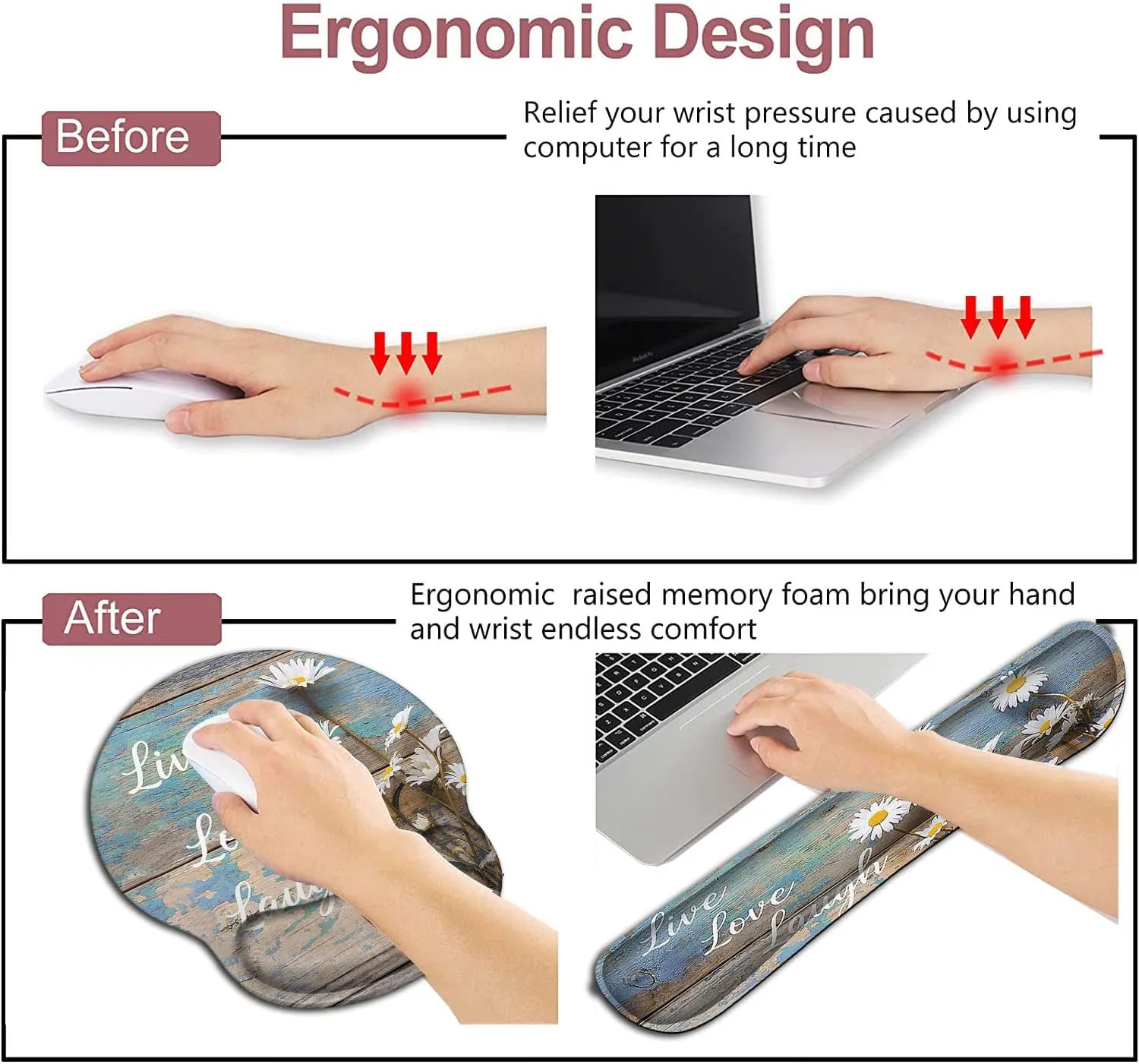 Mouse Pad for Women, Ergonomic Gel Mouse Pad, Keyboard Wrist Rest Relieves Fatigue, White Daisy Flowers on Wooden, Non-Slip and Durable, Memory Foam Keyboard Wrist Rest, for Office Typing