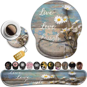 Mouse Pad for Women, Ergonomic Gel Mouse Pad, Keyboard Wrist Rest Relieves Fatigue, White Daisy Flowers on Wooden, Non-Slip and Durable, Memory Foam Keyboard Wrist Rest, for Office Typing