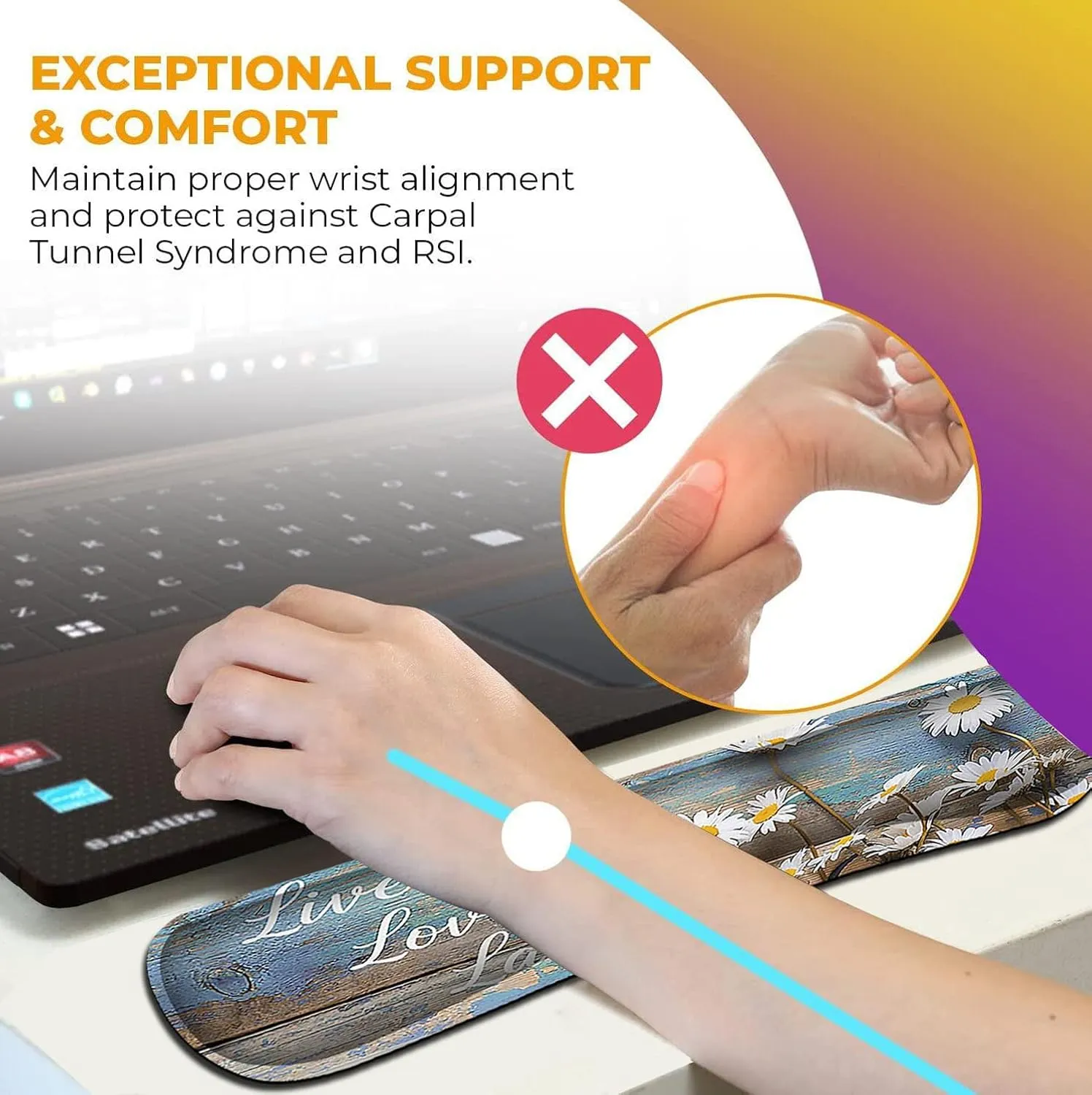 Mouse Pad for Women, Ergonomic Gel Mouse Pad, Keyboard Wrist Rest Relieves Fatigue, White Daisy Flowers on Wooden, Non-Slip and Durable, Memory Foam Keyboard Wrist Rest, for Office Typing