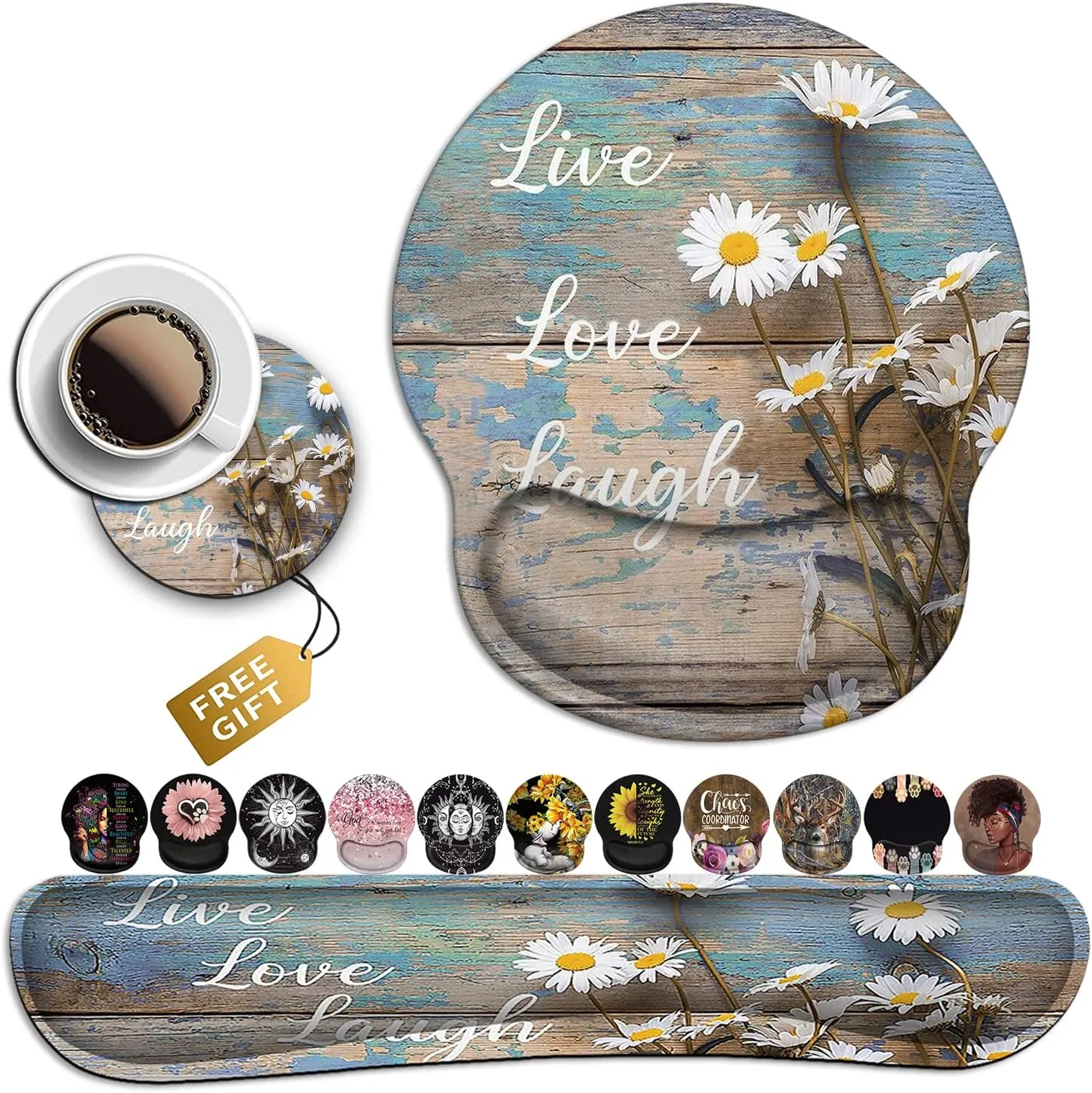 Mouse Pad for Women, Ergonomic Gel Mouse Pad, Keyboard Wrist Rest Relieves Fatigue, White Daisy Flowers on Wooden, Non-Slip and Durable, Memory Foam Keyboard Wrist Rest, for Office Typing