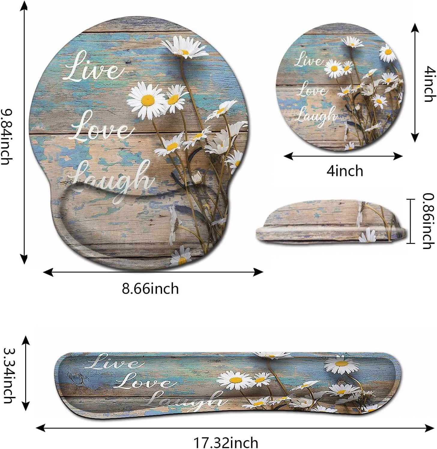 Mouse Pad for Women, Ergonomic Gel Mouse Pad, Keyboard Wrist Rest Relieves Fatigue, White Daisy Flowers on Wooden, Non-Slip and Durable, Memory Foam Keyboard Wrist Rest, for Office Typing
