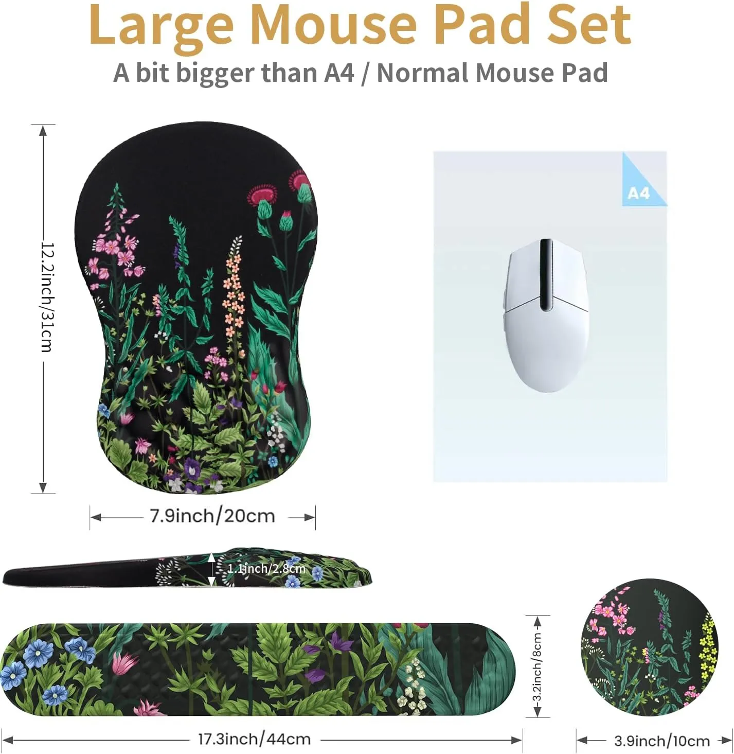 Mouse Pad Wrist Support,Ergonomic Mouse Pad with Wrist Rest,Computer Mouse Pads Pain Relief Keyboard Wrist Rest with Coaster Set,Non-Slip Computer Gel Mouse Pad for Laptop Keyboard Office-Flowers