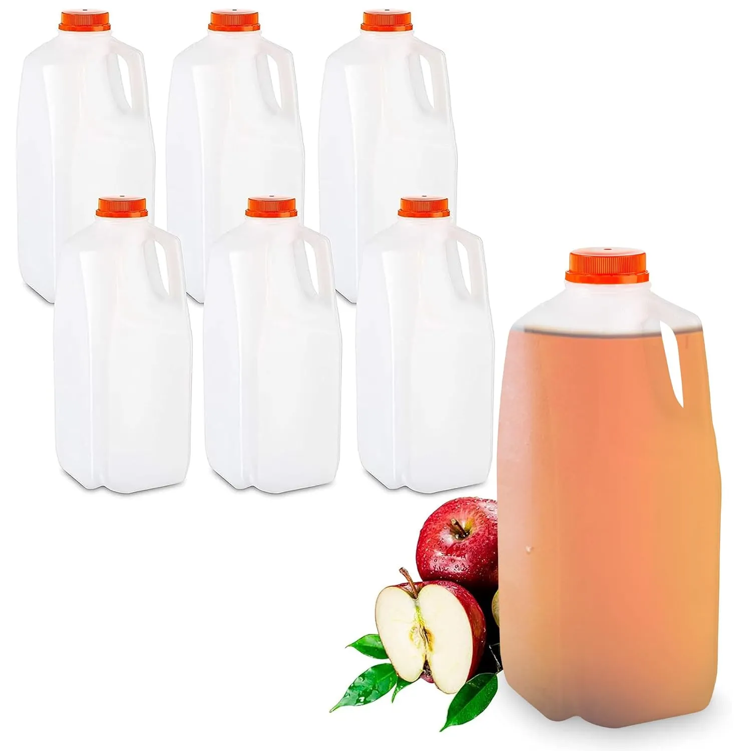 MT Products 64 Oz HDPE Plastic Juice Bottles with Orange Tamper Evident Caps Set of 6 Bottles and 6 Caps - Made in The USA