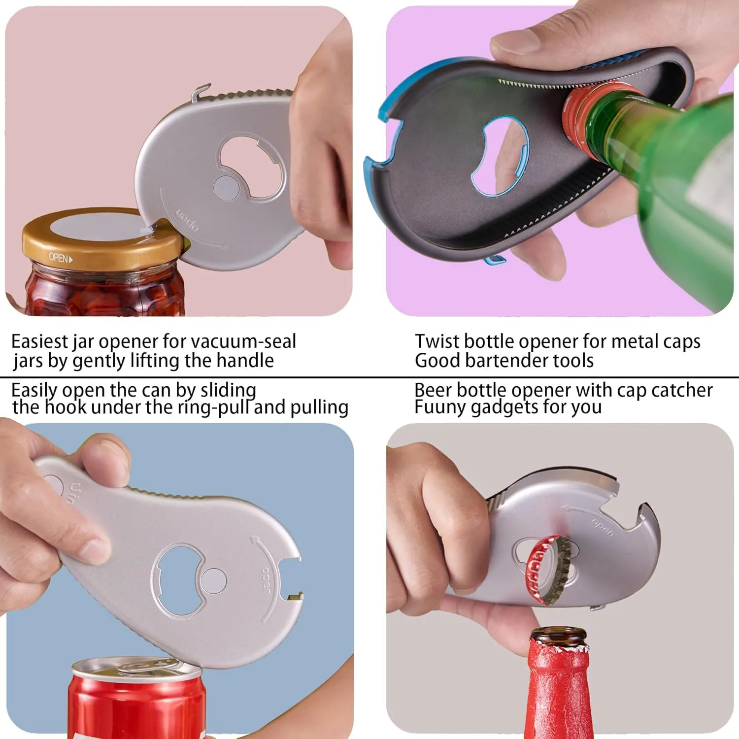 Multifunctional Bottle/Jar and Can Opener,Twist-Off Plastic Water Bottle,Pull Tab Soup,Magnet Beer Opener,for Weak Hands,Seniors,Elderly,Rheumatoid Arthritis, Lid Seal Remover(Silver)