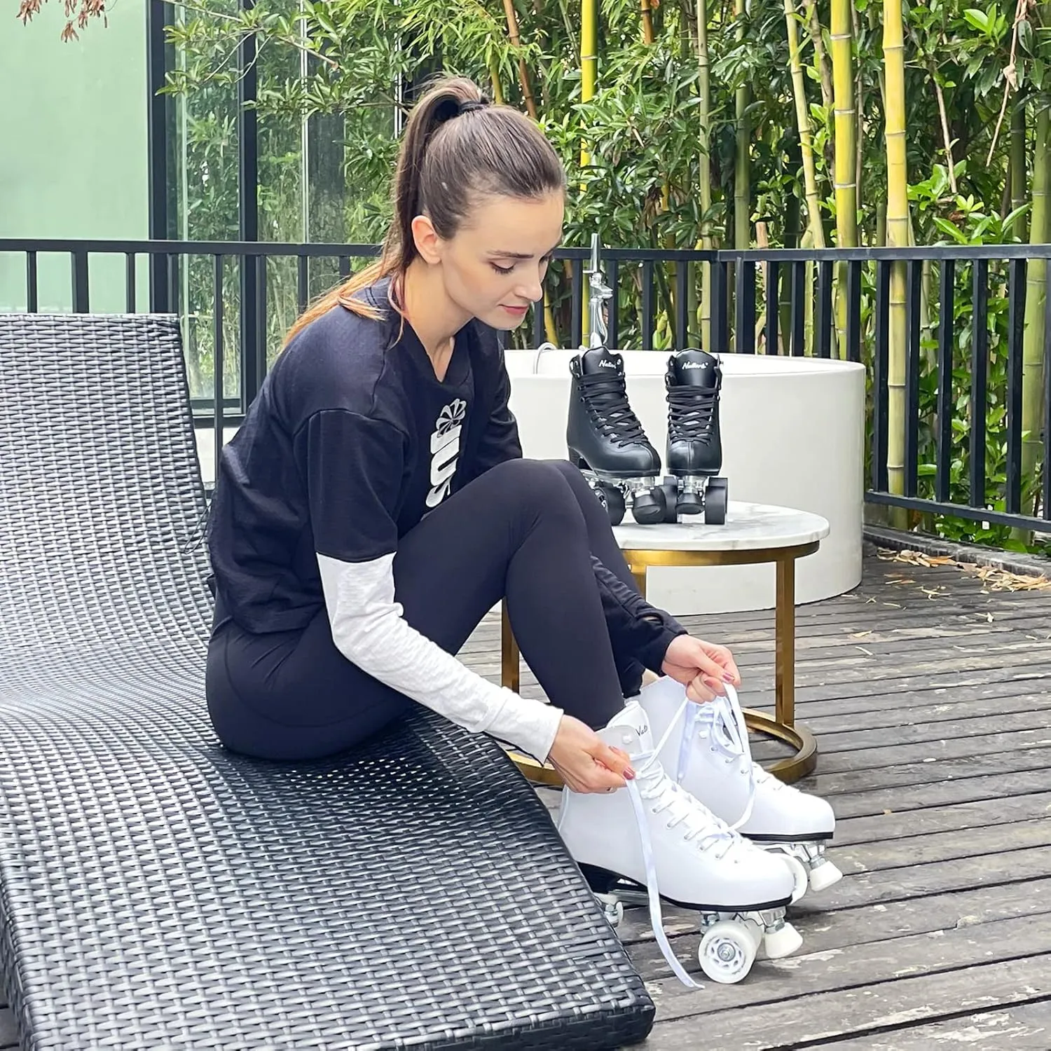 Nattork Roller Skates for Women, PU Leather High-top Quad Skates for Beginner, Indoor Outdoor 4 Wheels Double-Row Skates for Adults