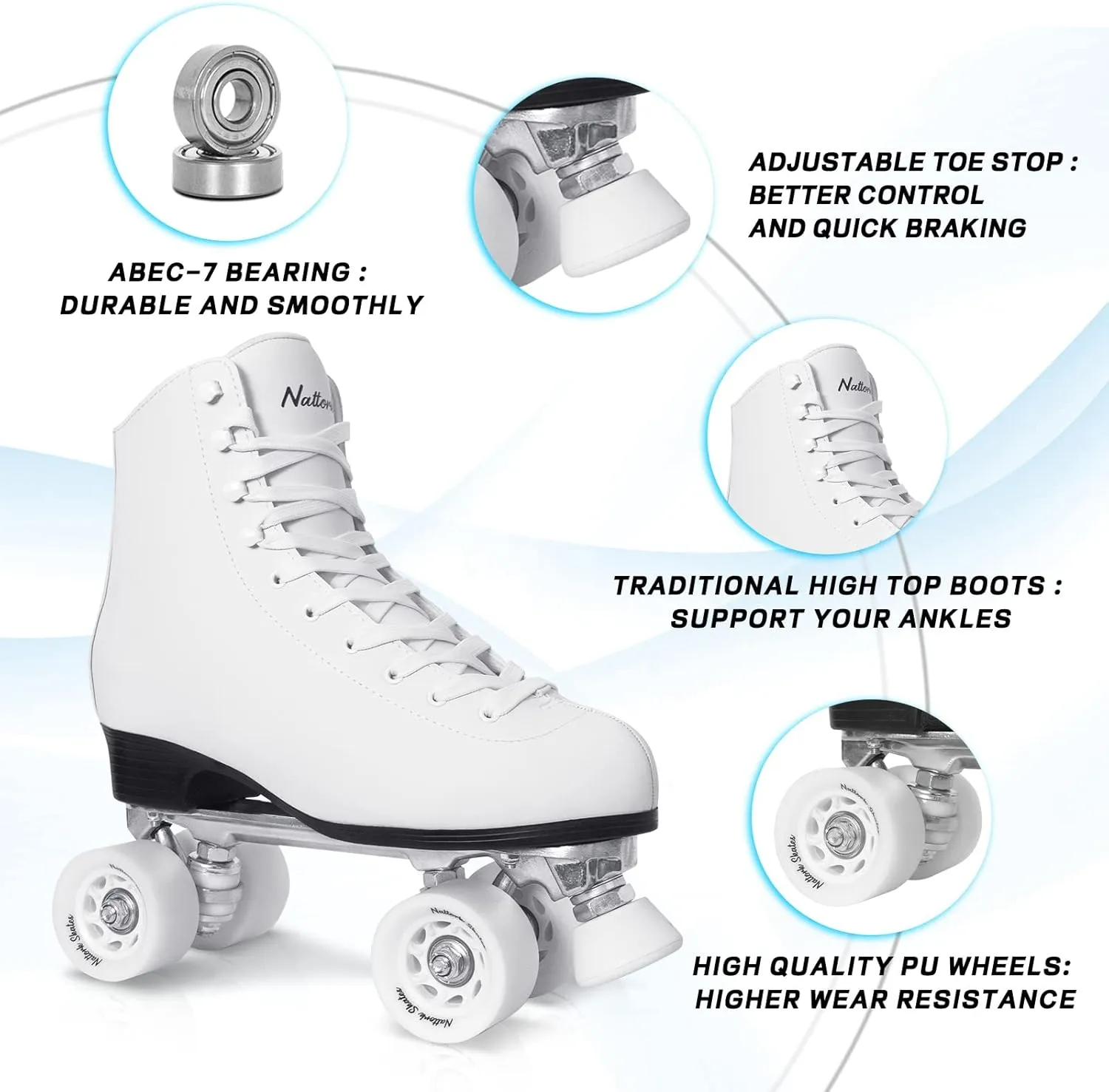 Nattork Roller Skates for Women, PU Leather High-top Quad Skates for Beginner, Indoor Outdoor 4 Wheels Double-Row Skates for Adults