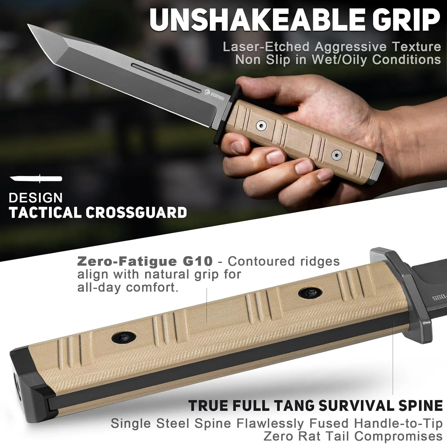 NedFoss BRAVE 6.8" Fixed Blade Tactical Knife with Kydex Sheath - D2 Steel Tanto Blade, Full Tang PVD Coated Hunting Knife for Men Women, G10 Handle, Outdoor Survival, Camping & Bushcraft