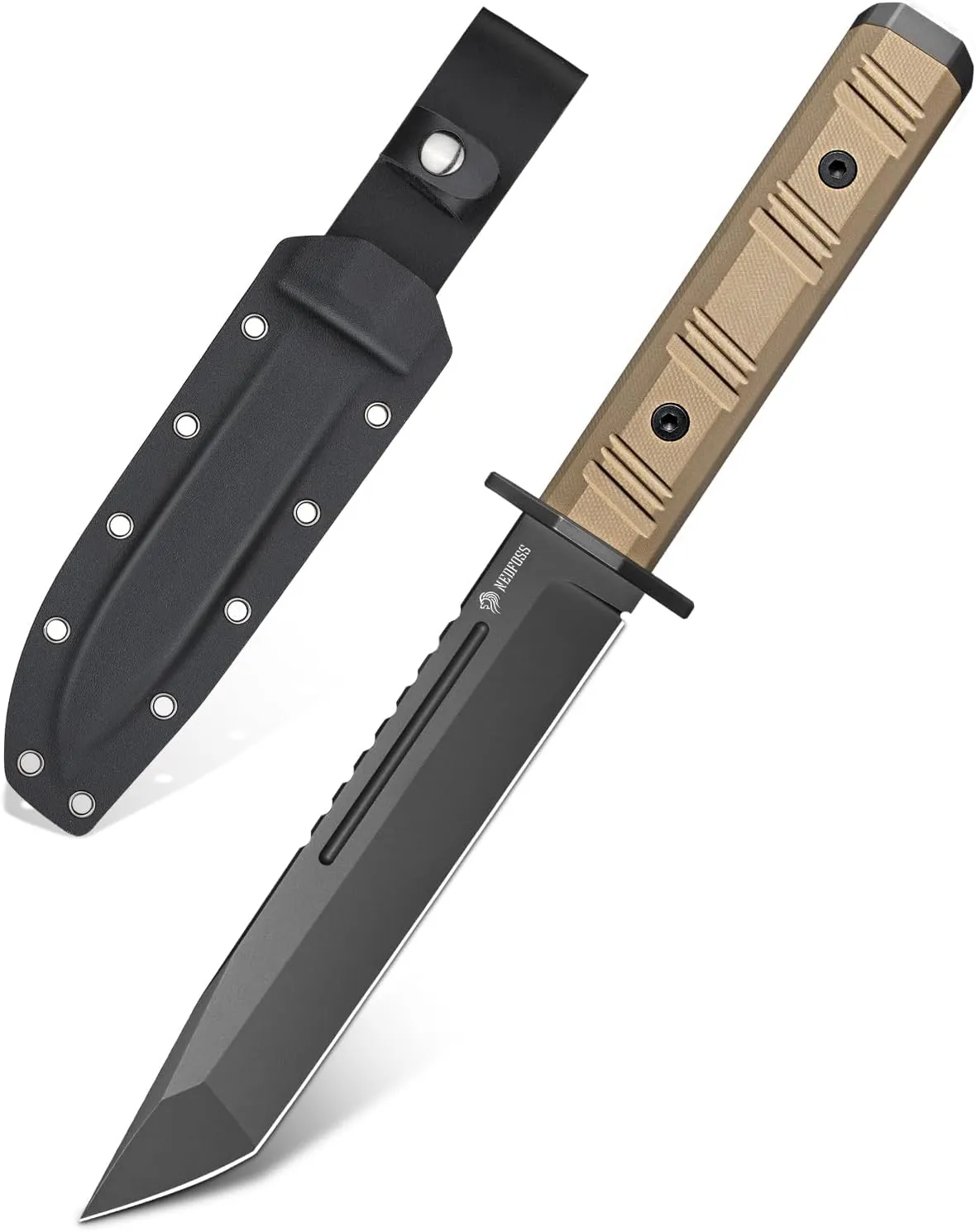 NedFoss BRAVE 6.8" Fixed Blade Tactical Knife with Kydex Sheath - D2 Steel Tanto Blade, Full Tang PVD Coated Hunting Knife for Men Women, G10 Handle, Outdoor Survival, Camping & Bushcraft