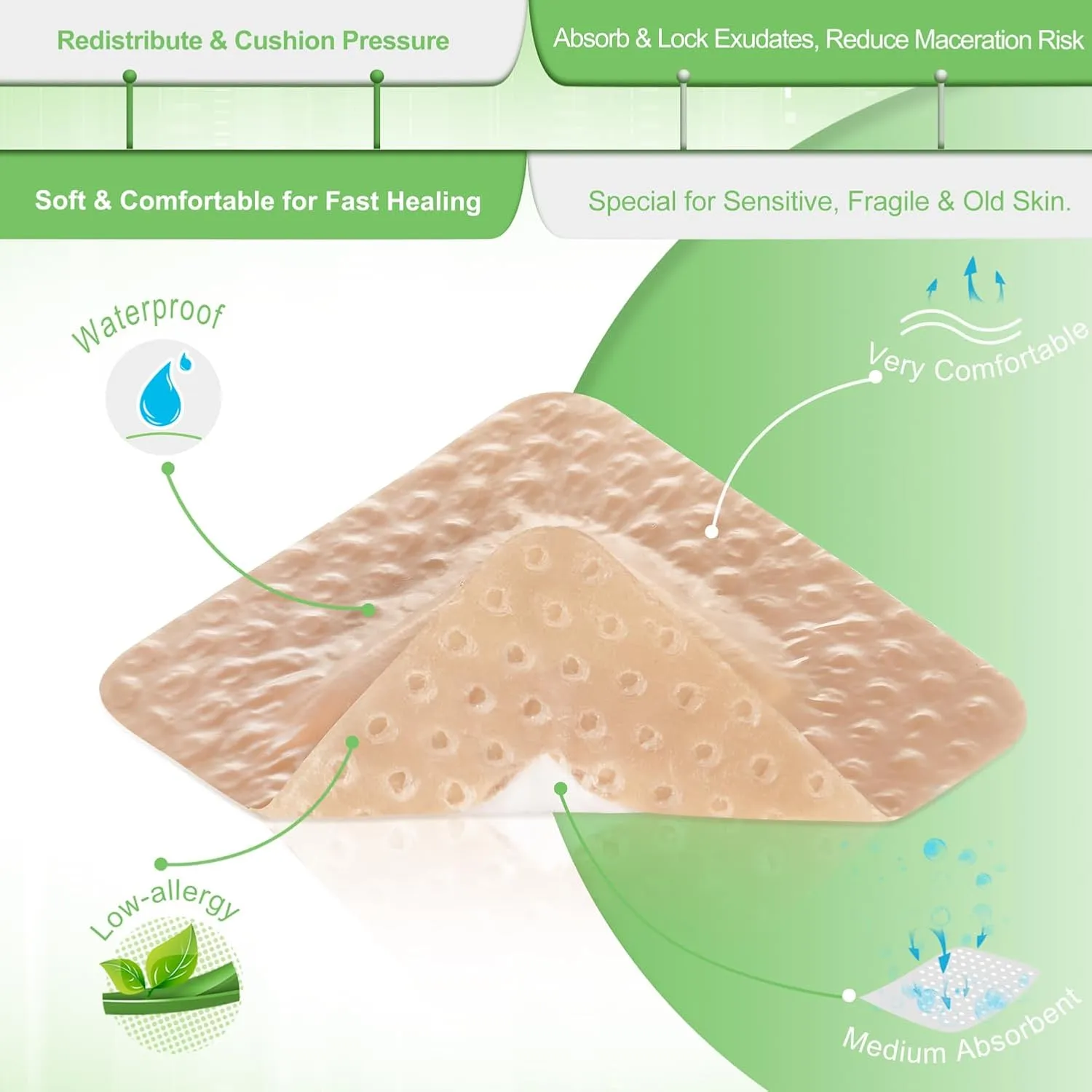 NeuHeils Silicone Foam Dressing Gentle Border Lite 2''x2'', Pad Size 1''x1'', 20 Pack for Small Bed Sore Pressure Ulcer Wound Bandages Patches