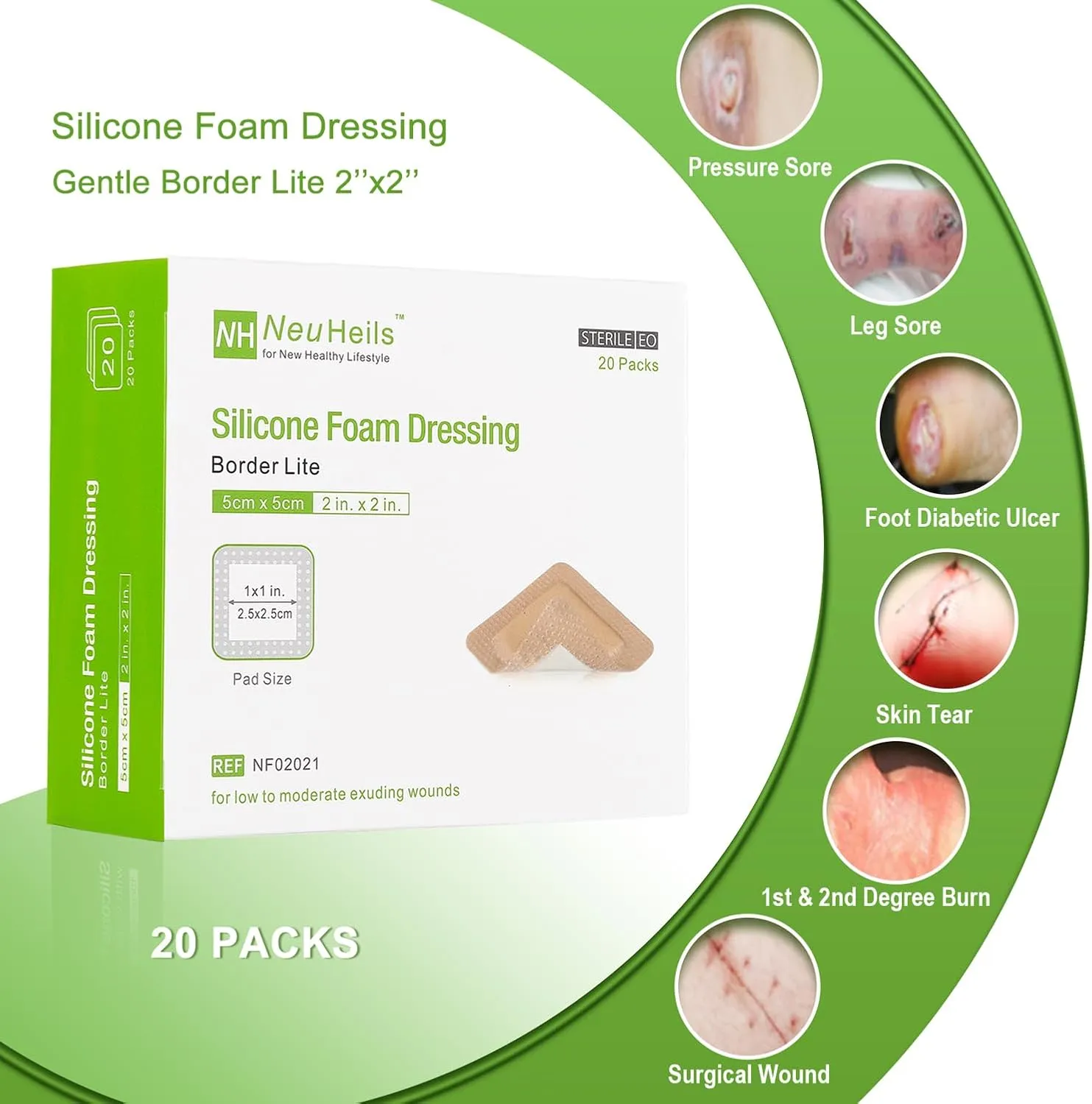 NeuHeils Silicone Foam Dressing Gentle Border Lite 2''x2'', Pad Size 1''x1'', 20 Pack for Small Bed Sore Pressure Ulcer Wound Bandages Patches