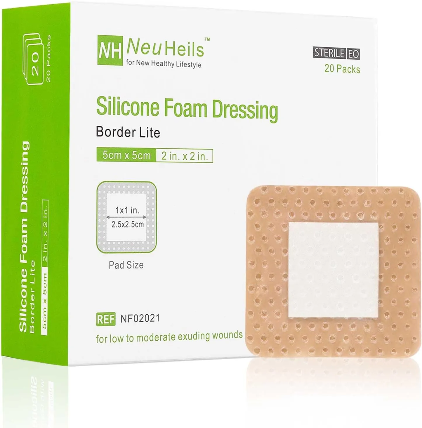 NeuHeils Silicone Foam Dressing Gentle Border Lite 2''x2'', Pad Size 1''x1'', 20 Pack for Small Bed Sore Pressure Ulcer Wound Bandages Patches