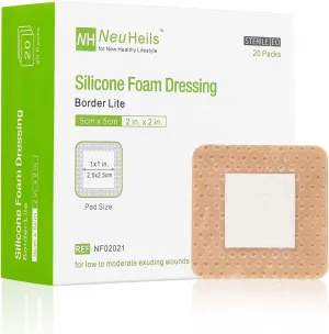 NeuHeils Silicone Foam Dressing Gentle Border Lite 2''x2'', Pad Size 1''x1'', 20 Pack for Small Bed Sore Pressure Ulcer Wound Bandages Patches