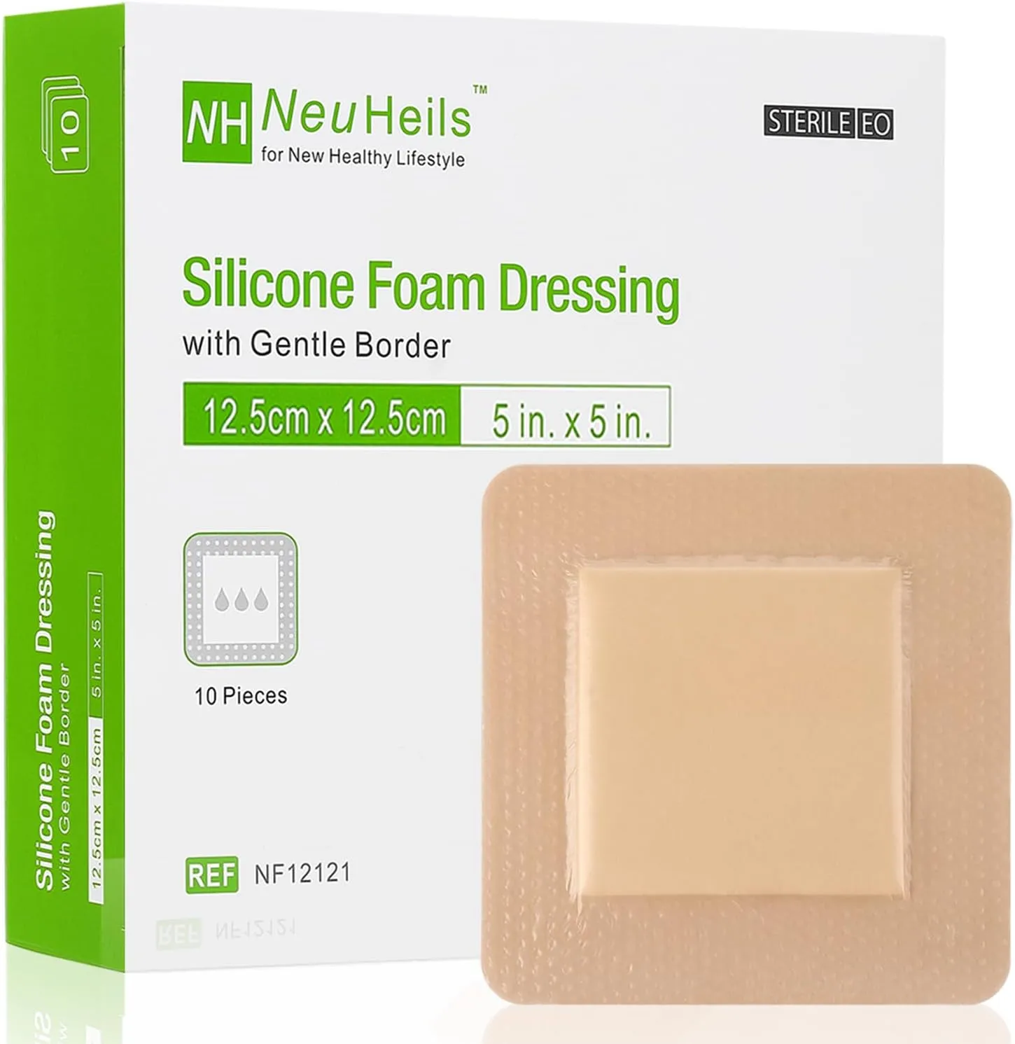 NeuHeils Silicone Foam Dressing with Gentle Border 5''x5'', 10 Pack for Bed Sore Leg Ulcer, High Absorbency Large Waterproof Silicone Adhesive Wound Bandages Patches