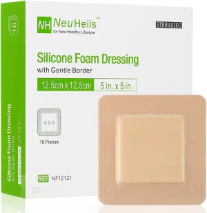 NeuHeils Silicone Foam Dressing with Gentle Border 5''x5'', 10 Pack for Bed Sore Leg Ulcer, High Absorbency Large Waterproof Silicone Adhesive Wound Bandages Patches