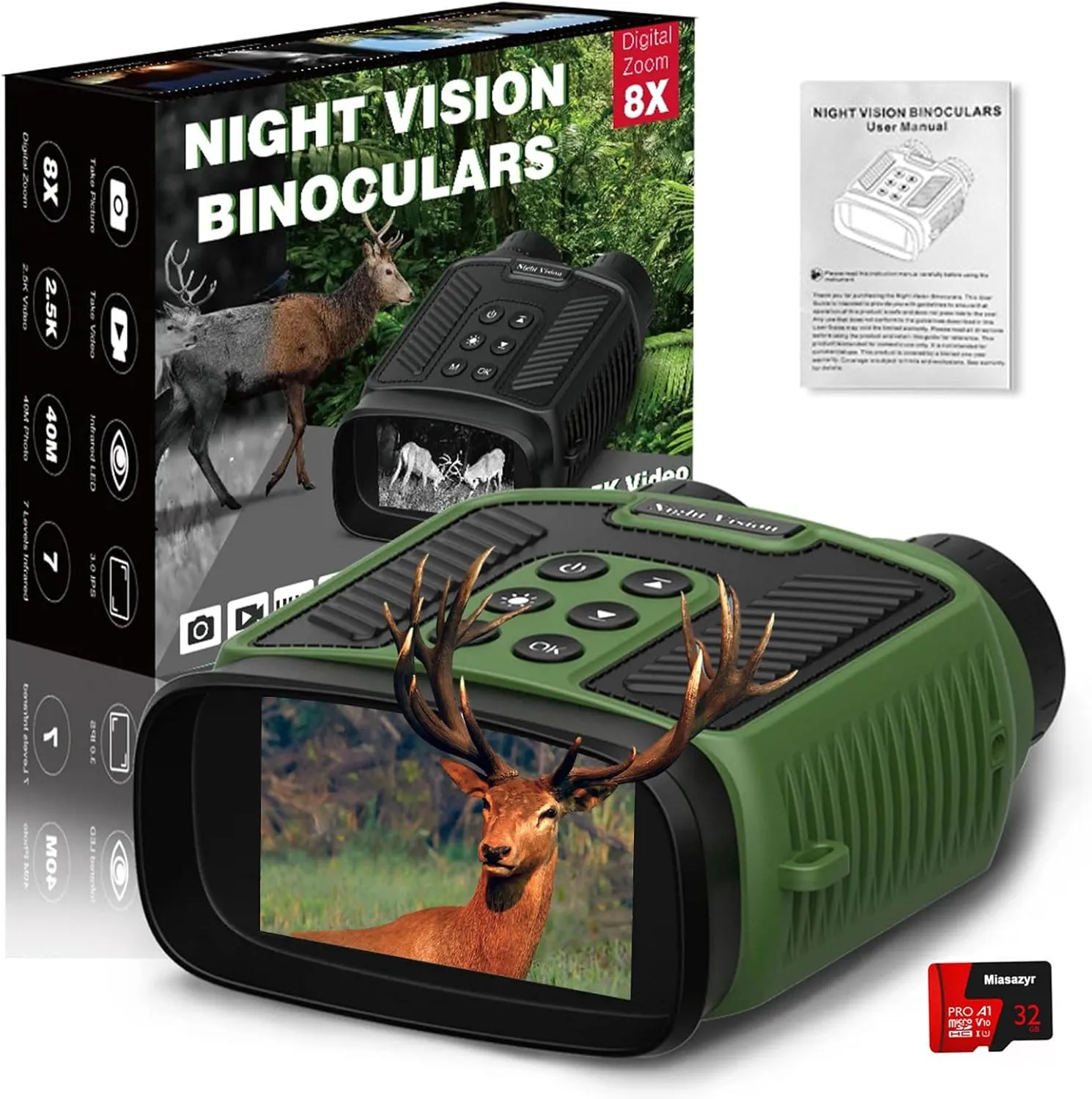 Night Vision Goggles - 2.5K Night Vision Binoculars for Adults, 10X Optical Zoom & 8X Digital Zoom, 3'' Large Screen, 7-Level Infrared Camera for Camping, Hiking,Green