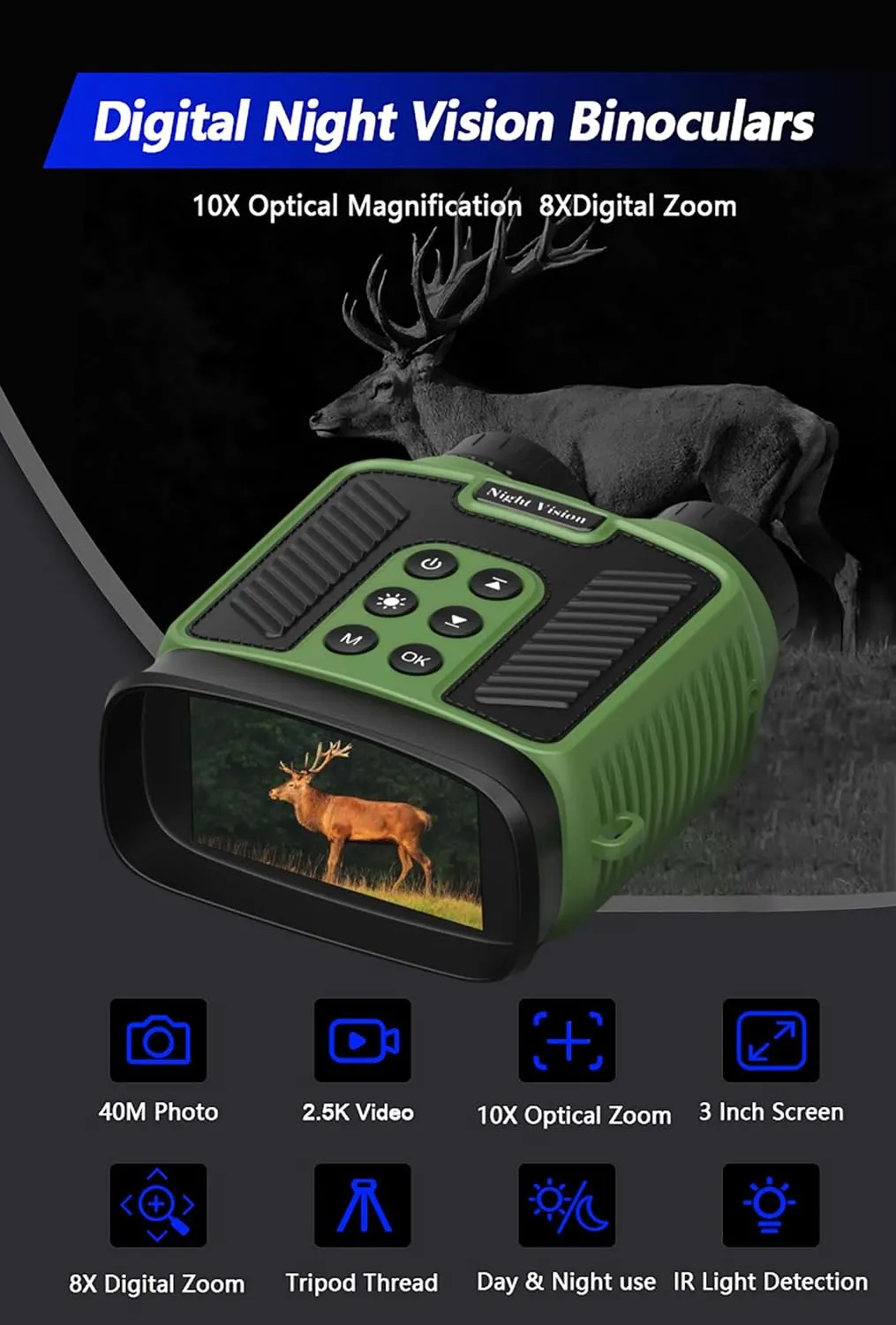 Night Vision Goggles - 2.5K Night Vision Binoculars for Adults, 10X Optical Zoom & 8X Digital Zoom, 3'' Large Screen, 7-Level Infrared Camera for Camping, Hiking,Green