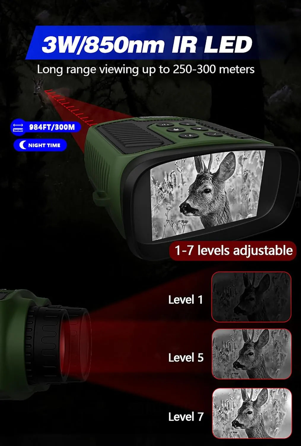 Night Vision Goggles - 2.5K Night Vision Binoculars for Adults, 10X Optical Zoom & 8X Digital Zoom, 3'' Large Screen, for Camping, Hiking