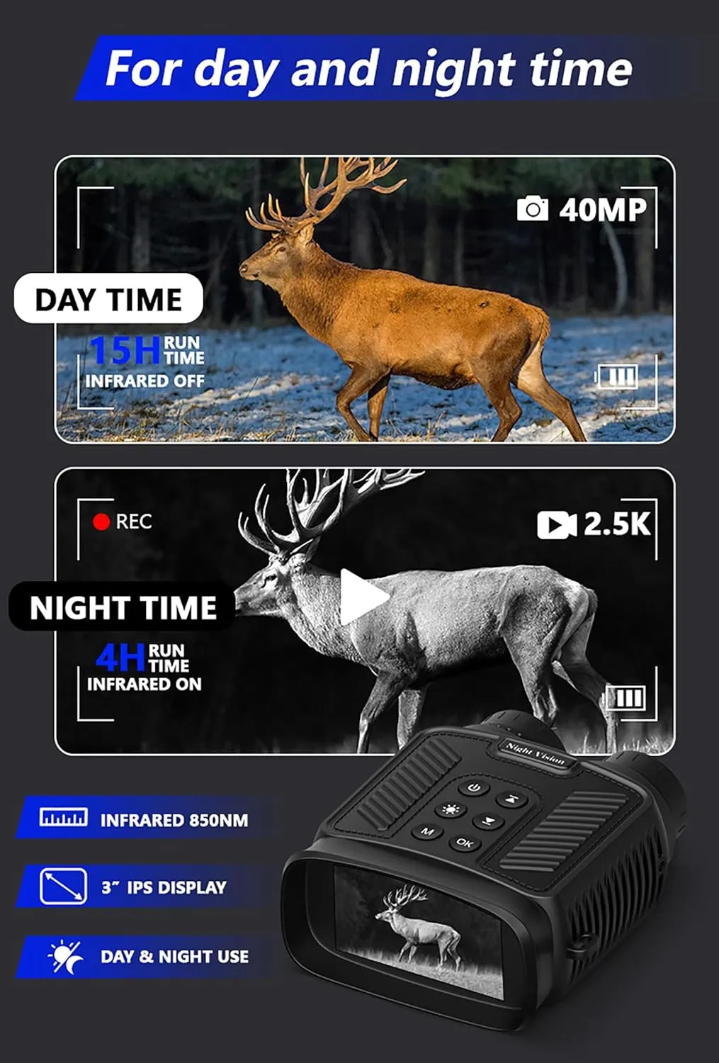Night Vision Goggles - 2.5K Night Vision Binoculars for Adults, 10X Optical Zoom & 8X Digital Zoom, 3'' Large Screen, for Camping, Hiking