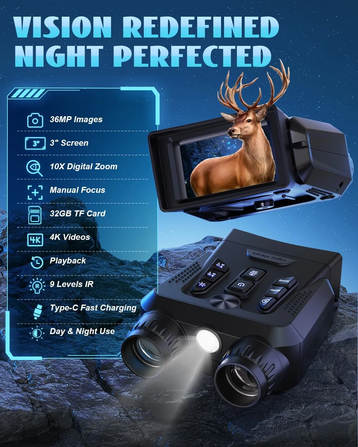 Night Vision Goggles - 4K Night Vision Binoculars for Adults, 3.0” HD Screen 9 Gear Infrared Monocular Camping Night Vision Scope for Men with 32GB TF Card