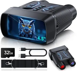 Night Vision Goggles - 4K Night Vision Binoculars for Adults, 4.5'' HD Screen with 8X Digital Zoom, Includes 32GB TF Card to Save Photos and Videos, Ideal for Camping, Hunting & Security