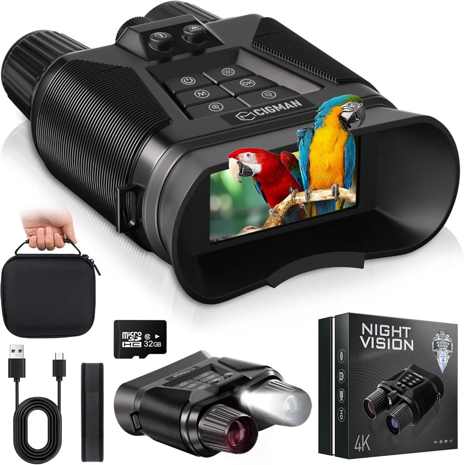 Night Vision Goggles, 4K Night Vision Binoculars for Adults, 5000mAh Rechargeable Battery & 32 GB TF Card Infrared Binoculars with Camera, 3'' HD Screen, 8X Digital Zoom to 3280 Ft Clear View, Black