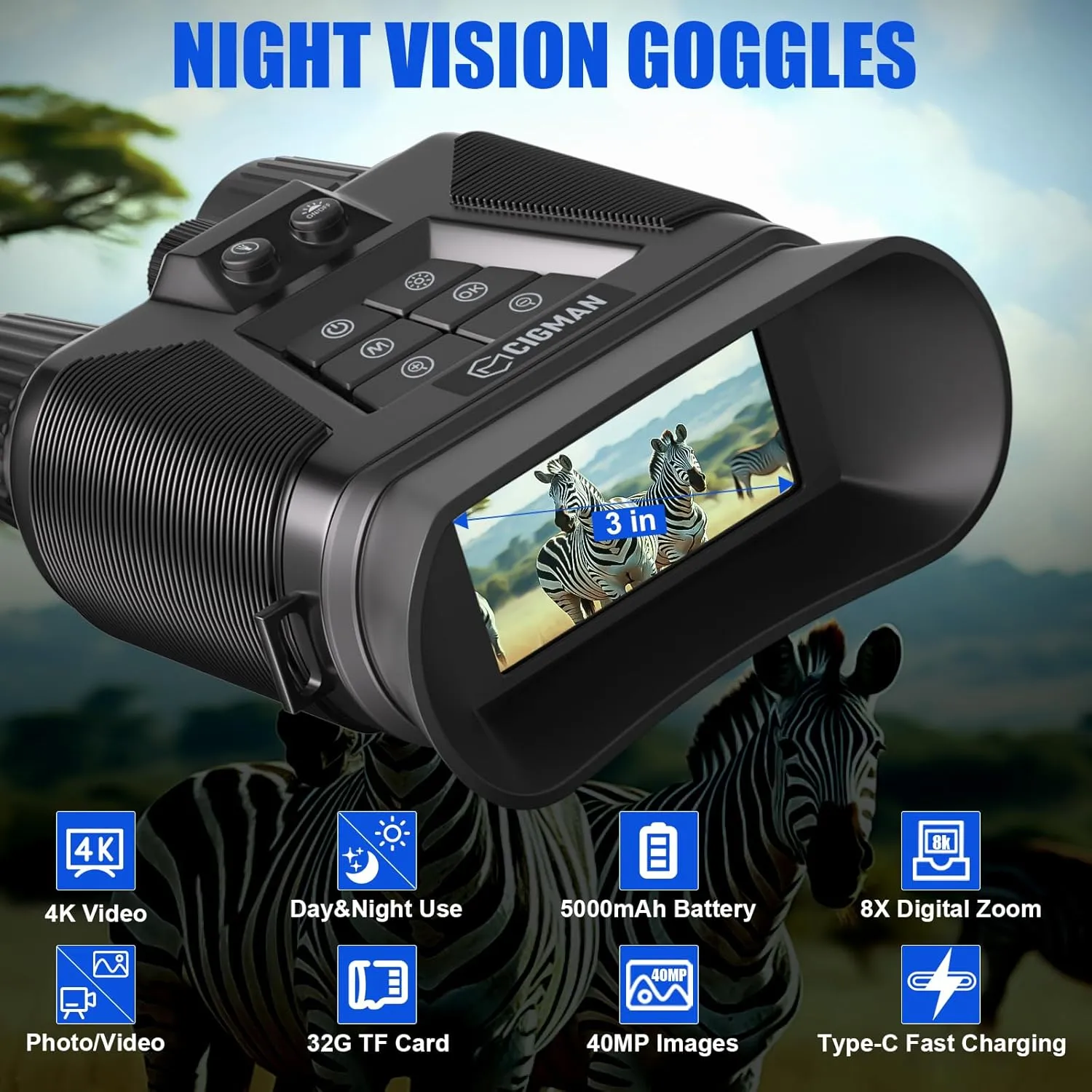 Night Vision Goggles, 4K Night Vision Binoculars for Adults, 5000mAh Rechargeable Battery & 32 GB TF Card Infrared Binoculars with Camera, 3'' HD Screen, 8X Digital Zoom to 3280 Ft Clear View, Black