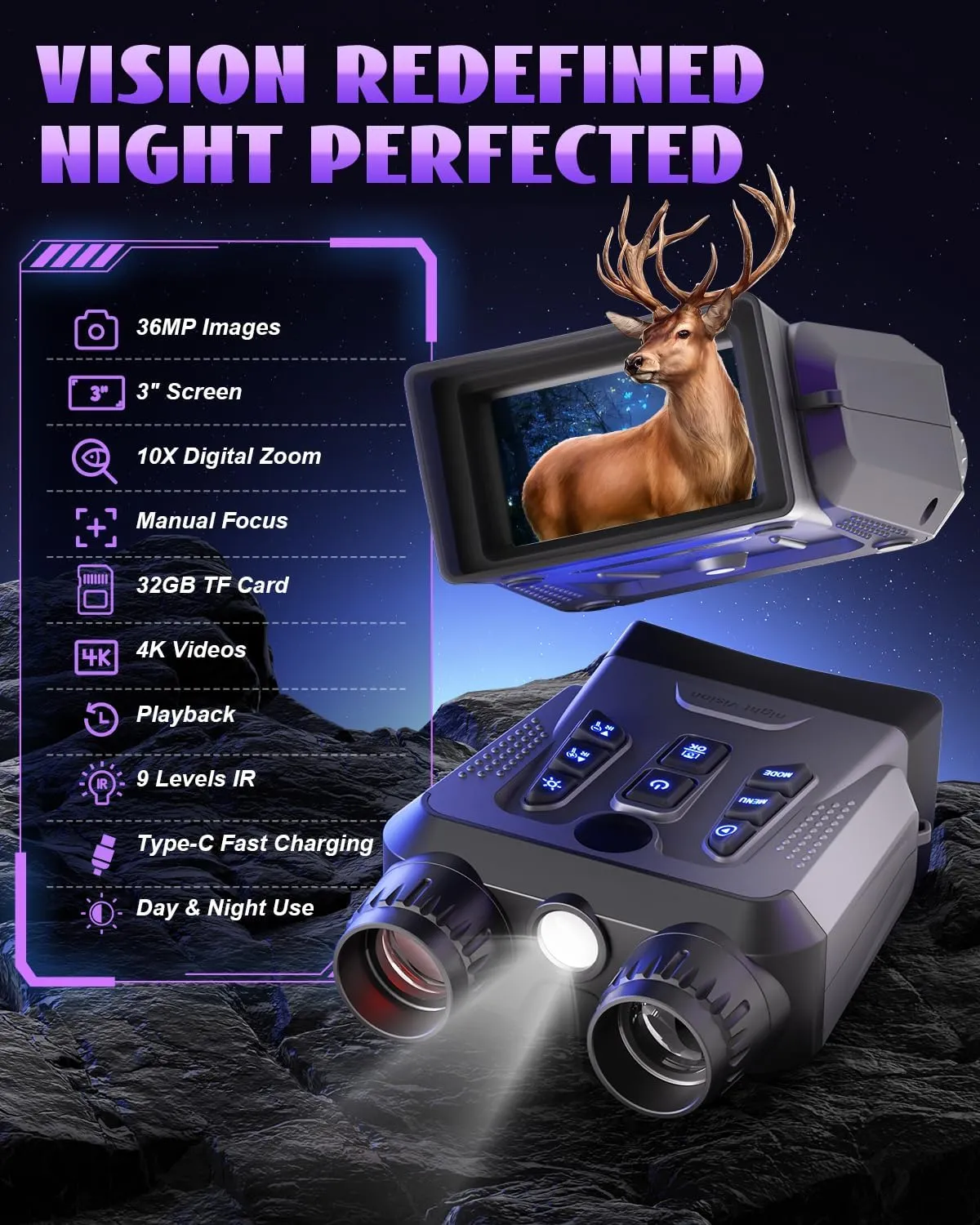 Night Vision Goggles, 4K Night Vision Binoculars for Adults High Powered, 3.0” HD Night Vision Camera Infrared Goggles Scope and Day for Camping & Outdoor with 32GB TF Card, 10X Digital Zoom & 9 IR