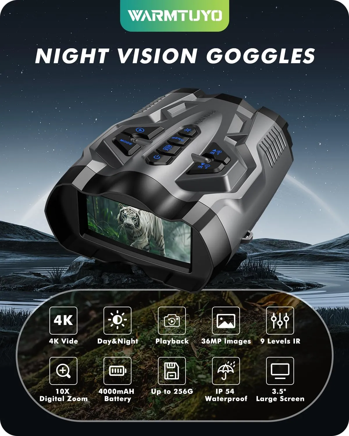 Night Vision Goggles, 4K Night Vision Binoculars for Adults,9 Gear Infrared Goggles, 10X Digital Night Vision, 4000mAh Up to 12H of Use with 32GB TF Card, 3.5" HD Screen Binoculars