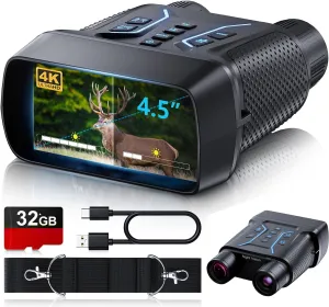 Night Vision Goggles, 4K UHD Video & 36MP Image Infrared Night Vision Binoculars with 4.5″ Screen, 4500mAh Rechargeable Battery, 32GB TF Card, 8X Digital Zoom, Backlit Silicone Button for Camping