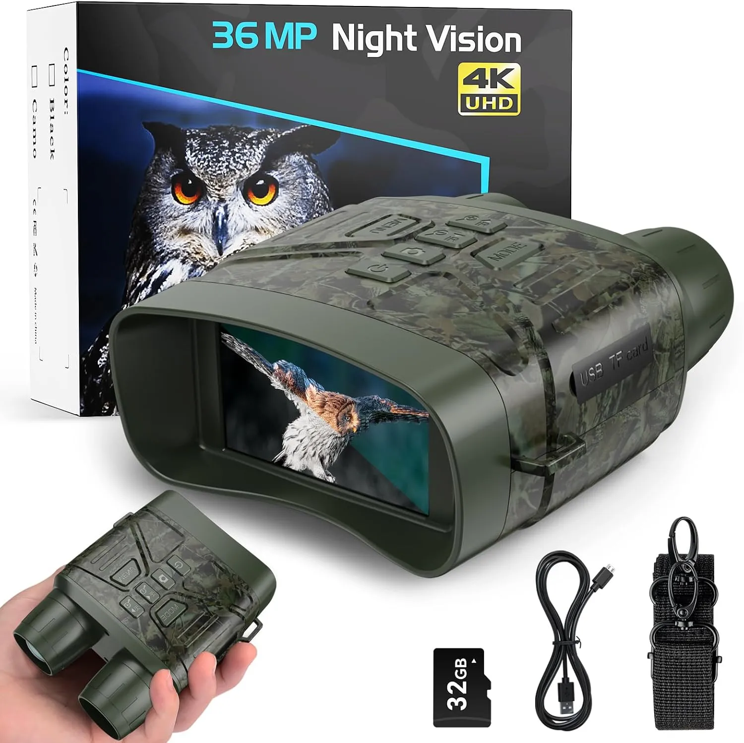 Night Vision Goggles for Hunting, 4K Infrared Night Vision Binoculars with Rechargeable Battery and Anti-Shake Motion Detection for Surveillance Tactical Gear