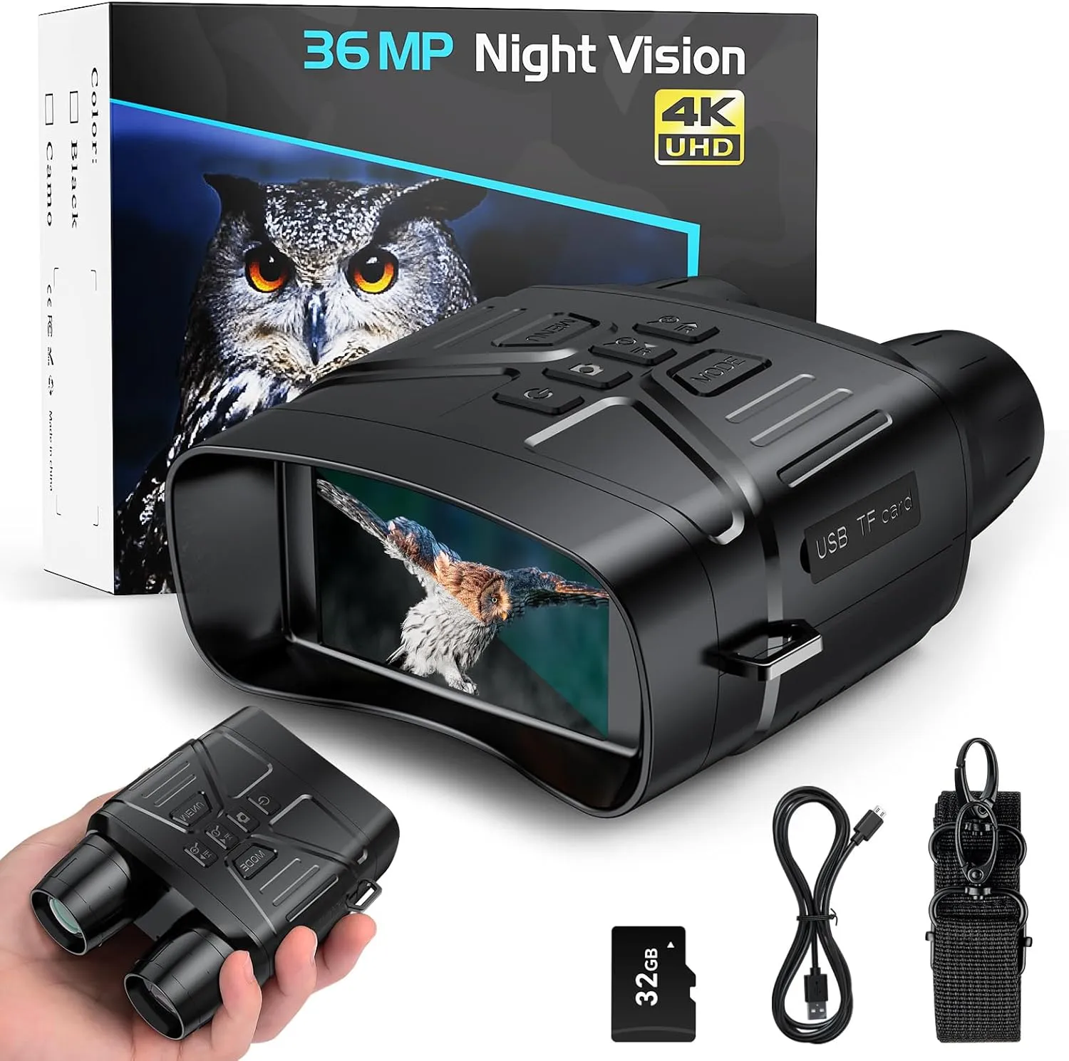 Night Vision Goggles for Hunting, 4K Infrared Night Vision Binoculars with Rechargeable Battery and Anti-Shake Motion Detection for Surveillance Tactical Gear