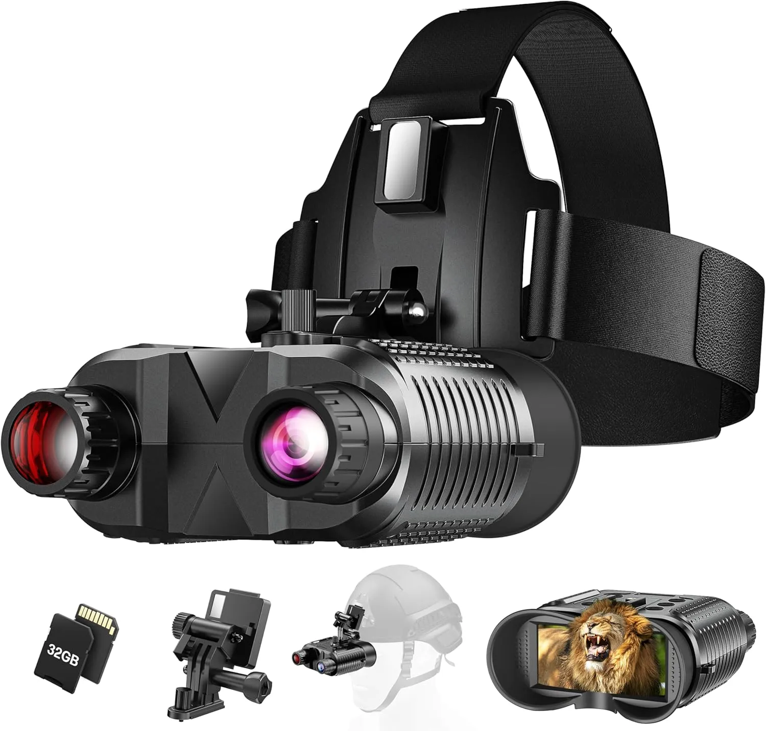 Night Vision Goggles Head Mounted, 1312FT Night Vision Binoculars Compatible with Military Tactical Helmet, Infrared Long Focus 8X Digital Zoom/32GB SD Card, black